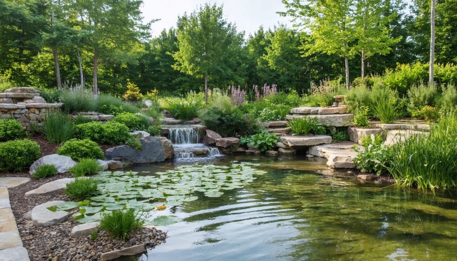 Beautiful wildlife pond with local stone edging and thriving native aquatic plants