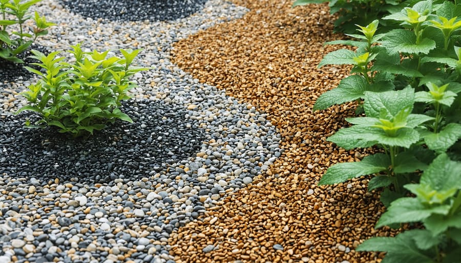 Detailed view of pond filtration system with layered gravel and aquatic plants