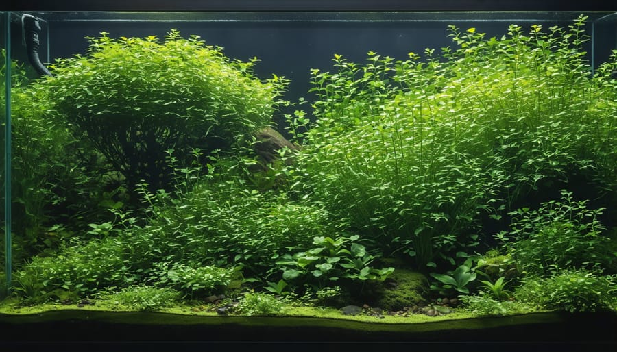 Various aquatic plants used for natural water filtration in a pond system