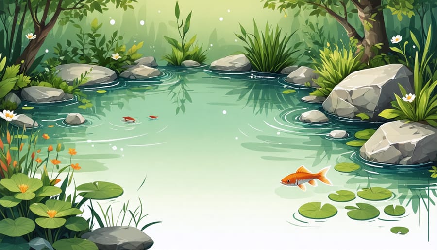 Various beneficial pond plants and fish species working together in a balanced ecosystem