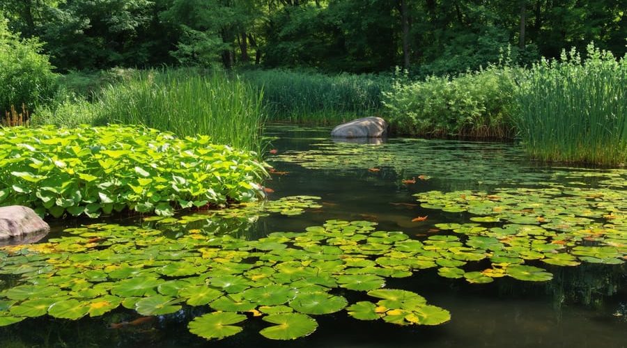 Vibrant pond ecosystem showcasing water lilies and cattails with thriving native fish visible through clear waters, highlighting natural balance and healthy ecological management.