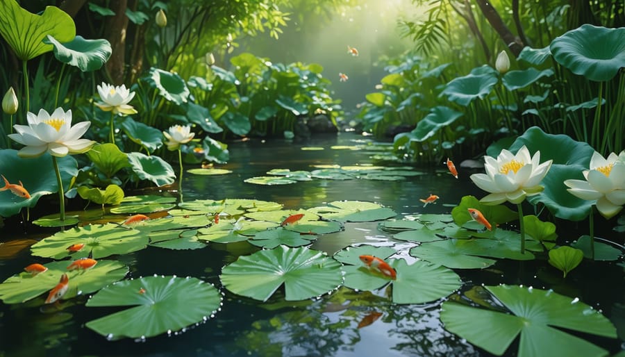 Healthy pond with diverse aquatic plants including water lilies and duckweed providing natural cover for koi fish