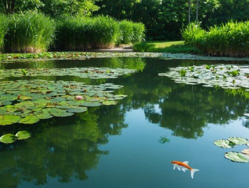 A peaceful pond with crystal-clear water and an array of aquatic plants, including water lilies and cattails, demonstrating the principles of natural filtration.