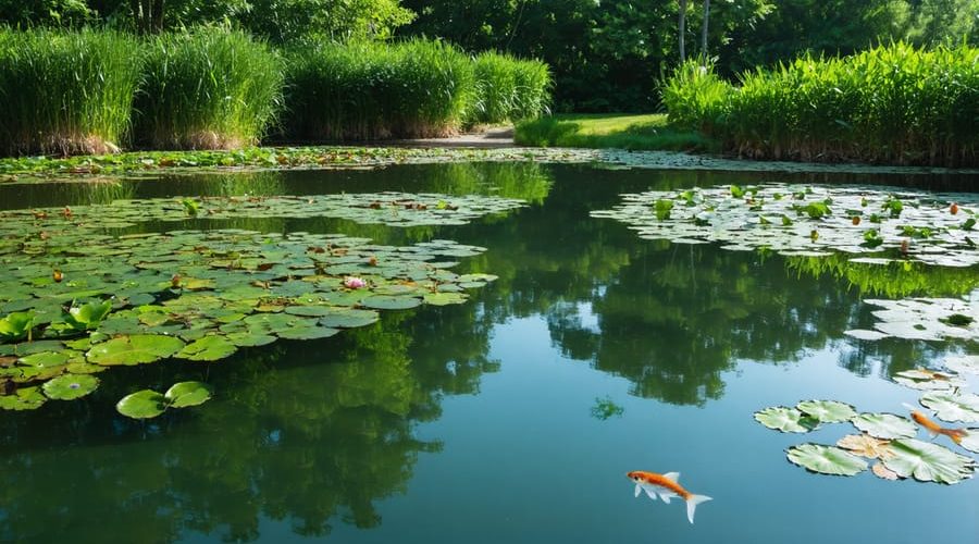 A peaceful pond with crystal-clear water and an array of aquatic plants, including water lilies and cattails, demonstrating the principles of natural filtration.