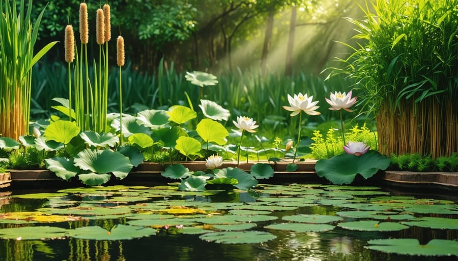 Natural pond ecosystem showing various aquatic plants working as biological filters