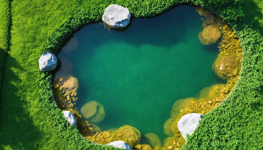 Natural garden pond with organic curves and integrated rock placement