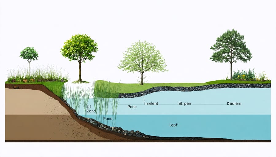 Illustrated cross-section of a pond showing shallow, middle, and deep filtration zones with plants and water flow