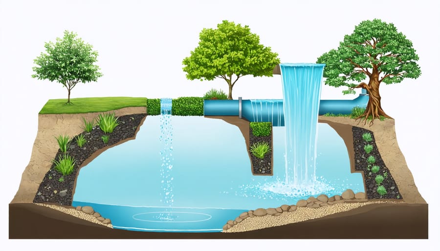 Diagram illustrating water flow patterns and circulation mechanics in an eco-friendly pond design