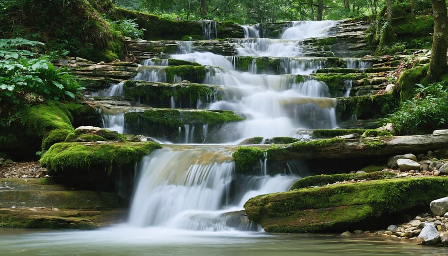 Natural-looking garden waterfall with multiple cascading levels and integrated plantings