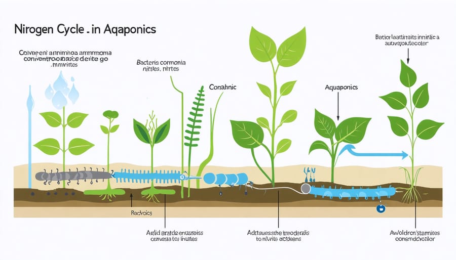 Infographic of the aquaponics nitrogen cycle showing bacterial conversion processes