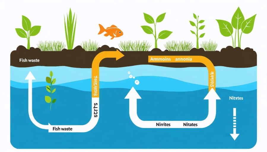 Circular diagram illustrating the nitrogen cycle stages in aquaponics: fish waste to ammonia to nitrites to nitrates