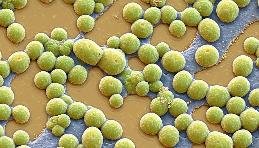 Magnified image of beneficial Nitrosomonas bacteria on aquaponics filter material