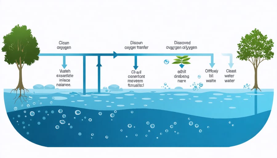 Diagram illustrating how air bubbles increase dissolved oxygen levels in pond water