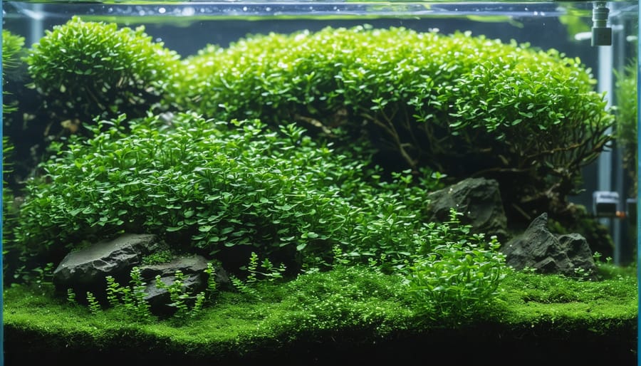 Perfectly maintained aquarium carpet plants creating a green lawn effect