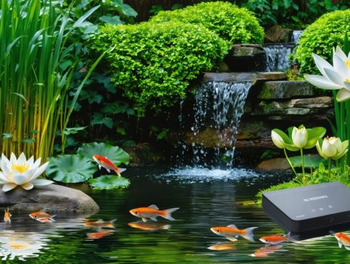 A picturesque water garden featuring lily pads, vibrant aquatic plants, and colorful fish in clear water, with a small waterfall providing gentle ripples. Water testing equipment is visible on a rock, emphasizing the harmonious balance maintained in the pond ecosystem.