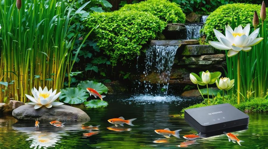 A picturesque water garden featuring lily pads, vibrant aquatic plants, and colorful fish in clear water, with a small waterfall providing gentle ripples. Water testing equipment is visible on a rock, emphasizing the harmonious balance maintained in the pond ecosystem.