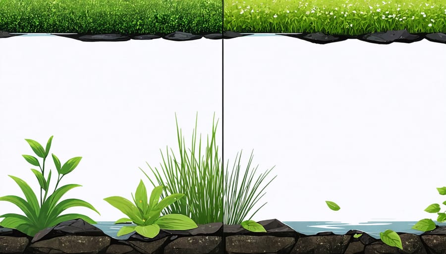 Side-by-side comparison of correct and incorrect aquatic plant positioning for pond safety