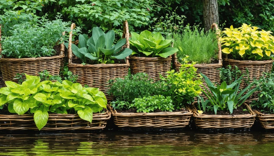 Sequential images showing how to plant oxygenating plants in aquatic baskets