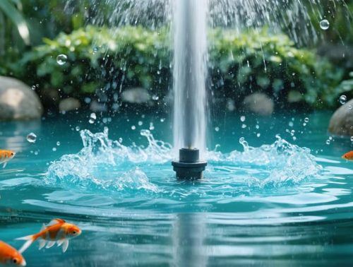 "Illustration of a pond with a surface fountain aerator and rising bubbles from a bottom diffuser, surrounded by healthy fish swimming in clear water."