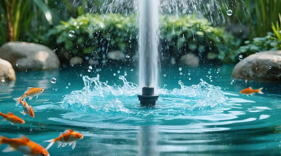 "Illustration of a pond with a surface fountain aerator and rising bubbles from a bottom diffuser, surrounded by healthy fish swimming in clear water."