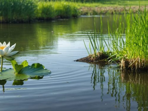 A tranquil pond with a blooming water lily in the forefront, grass carp swimming under the water, and a small pile of removed invasive plants on the shore, illustrating the harmony of managing aquatic vegetation effectively.