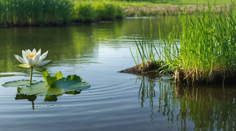 A tranquil pond with a blooming water lily in the forefront, grass carp swimming under the water, and a small pile of removed invasive plants on the shore, illustrating the harmony of managing aquatic vegetation effectively.