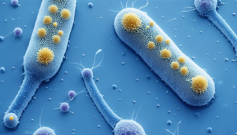 Magnified view of various beneficial bacteria and microorganisms found in healthy pond ecosystems