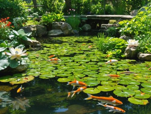 A vibrant garden pond ecosystem full of diverse plants and colorful fish, illustrating the balance and beauty of a natural aquatic environment.