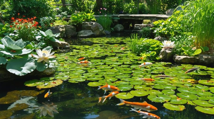 A vibrant garden pond ecosystem full of diverse plants and colorful fish, illustrating the balance and beauty of a natural aquatic environment.