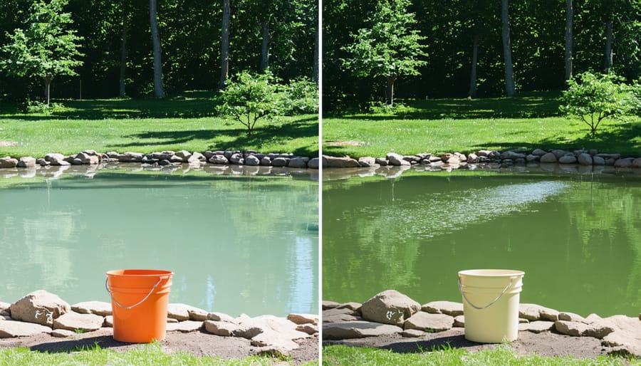 Demonstration of the bucket test method showing water level comparison between pond and reference bucket