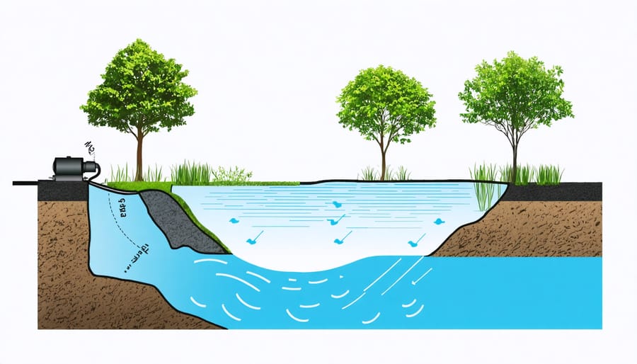 Diagram illustrating water circulation patterns and oxygen distribution in a pond ecosystem