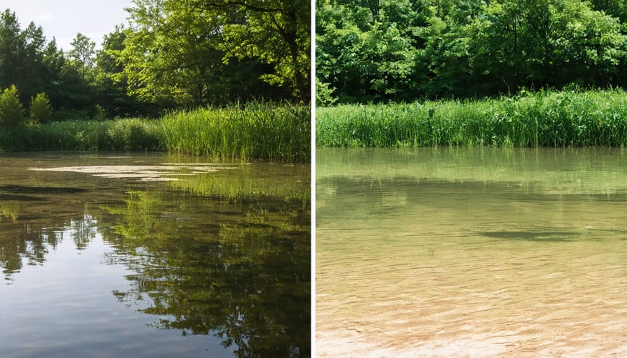 Side-by-side comparison of murky pond water before aeration and clear water after aeration