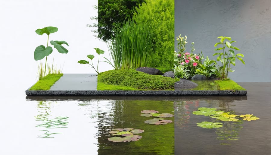 Side-by-side comparison of traditional and eco-friendly pond construction methods