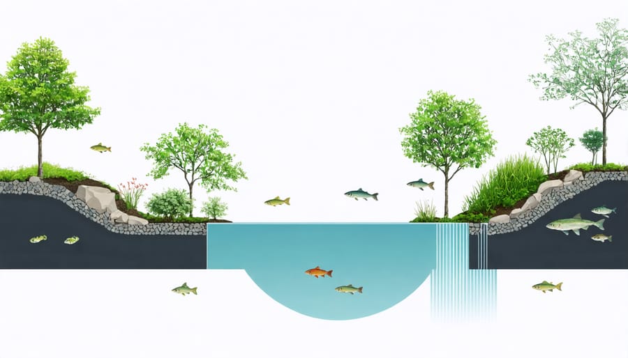 Diagram showing different pond depth levels with fish and plants at various zones