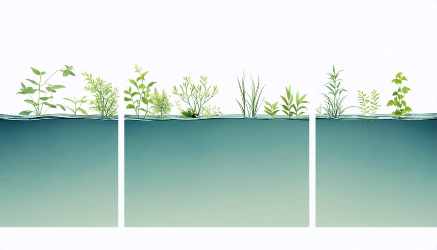 Cross-section view of a pond showing various underwater plants growing at different depth zones