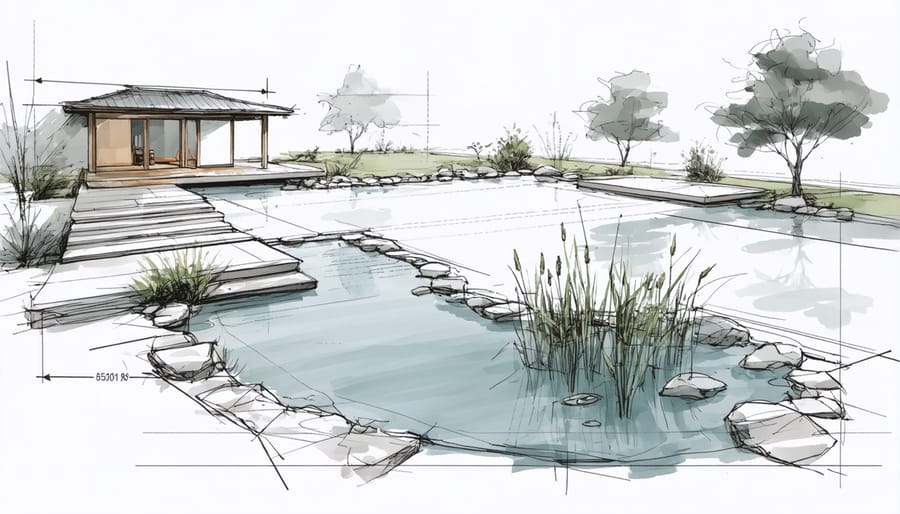 Detailed architectural sketch of a Japanese pond design with annotations and measurements