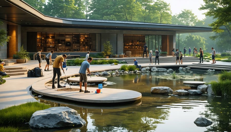 Students in a workshop environment drawing Japanese pond designs with reference materials