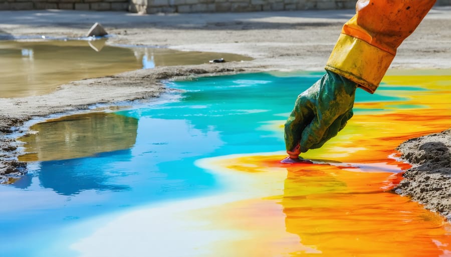 Person applying pond dye test near suspected leak with visible water movement patterns