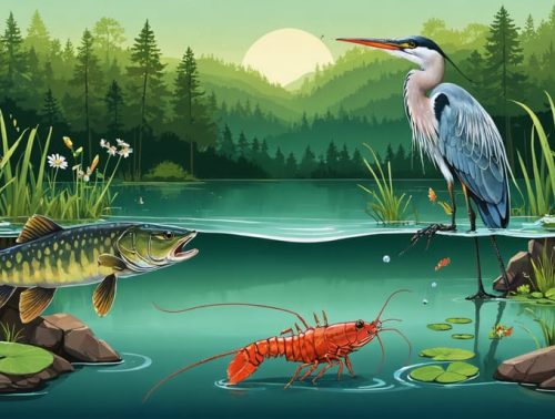 Conceptual illustration of a pond ecosystem showing native and invasive species, featuring a Northern snakehead fish, red swamp crayfish, heron, and bass, depicting the balance of nature.