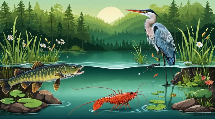 Conceptual illustration of a pond ecosystem showing native and invasive species, featuring a Northern snakehead fish, red swamp crayfish, heron, and bass, depicting the balance of nature.