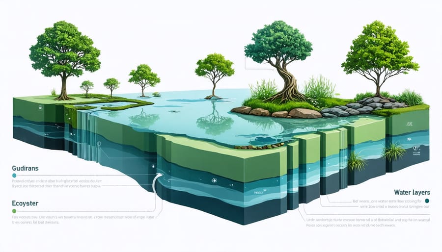 Illustrated cross-section of a pond showing various layers, plants, and aquatic life in their natural positions