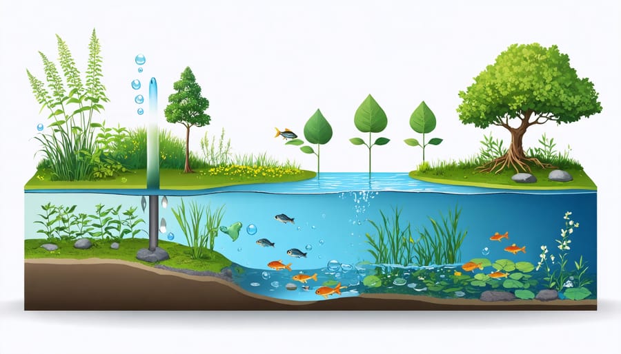 Illustrated cross-section of a balanced pond ecosystem displaying various zones and inhabitants