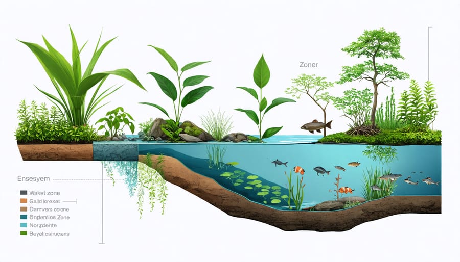 Illustrated cross-section of a pond ecosystem displaying various layers, plants, fish, and biological processes