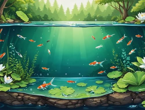 An illustrative depiction of a balanced pond ecosystem featuring koi fish swimming among aquatic plants, with floating lilies providing shade and submerged plants maintaining water clarity, all in a thriving symbiotic environment.