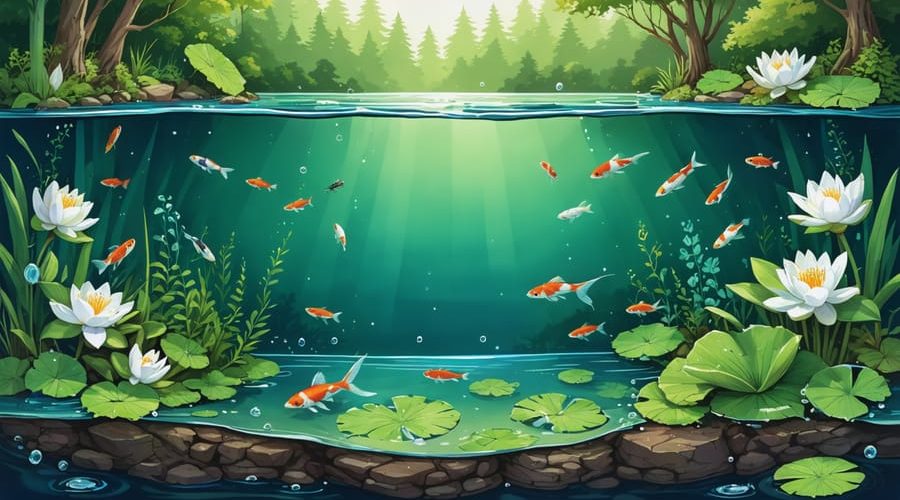 An illustrative depiction of a balanced pond ecosystem featuring koi fish swimming among aquatic plants, with floating lilies providing shade and submerged plants maintaining water clarity, all in a thriving symbiotic environment.