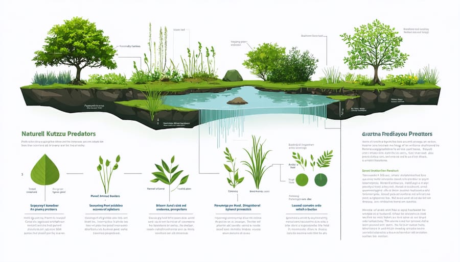 Infographic illustrating various organisms that naturally control kudzu in pond environments