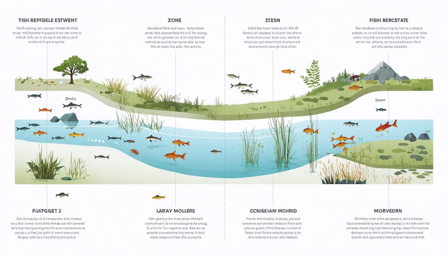 Cross-section illustration of pond zones showing safe areas for different species