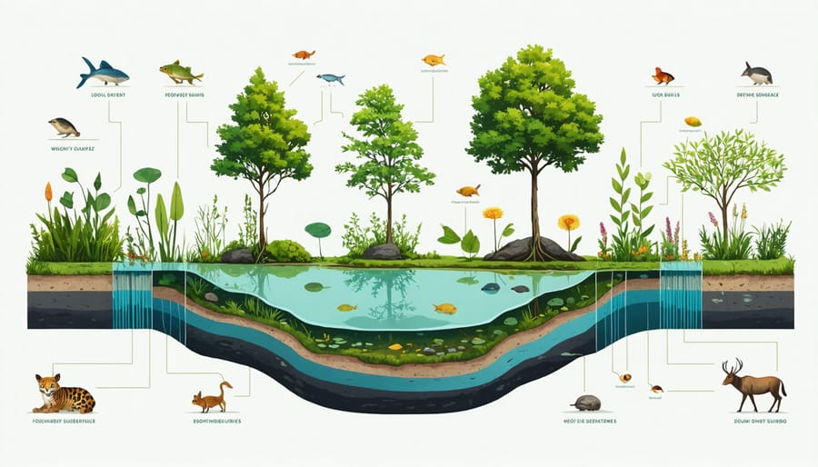 Diagram showing the three main zones of a pond ecosystem including surface, middle, and bottom layers with their inhabitants