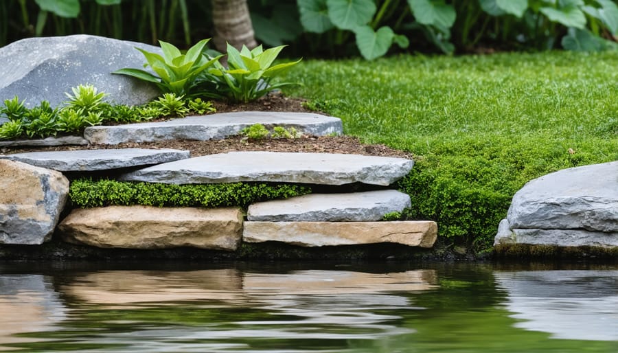 Detailed view of naturalistic pond edge with rocks and water plants