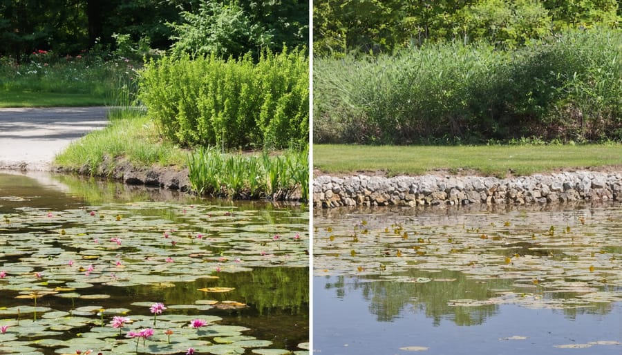 Side-by-side comparison showing pond edge transformation with proper plant stabilization